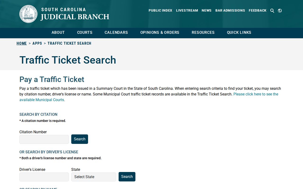 Jasper County traffic warrant search fields on the state court site