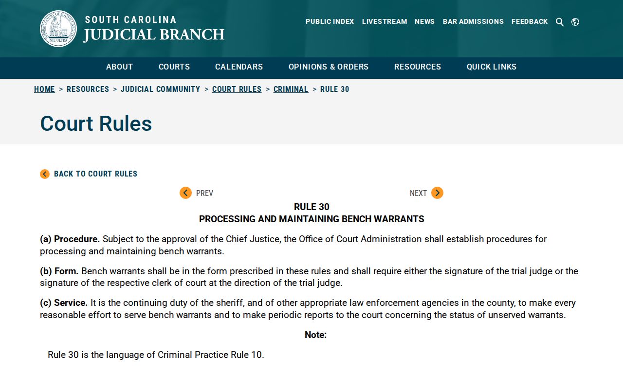 South Carolina Rule 30 bench warrant service guidance for Jasper County