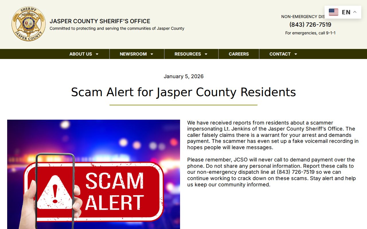 Jasper County Sheriff's Office warning about warrant payment scams